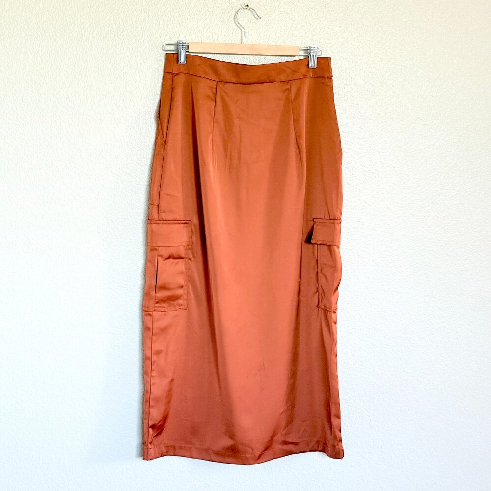 House of Harlow Brown Satin Cargo Midi Skirt Size Small - Picture 3 of 16